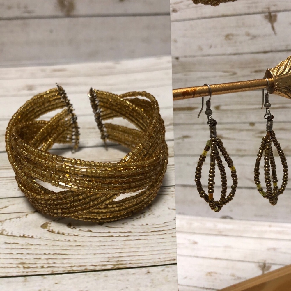 Gold beaded cuff bracelet and earrings set